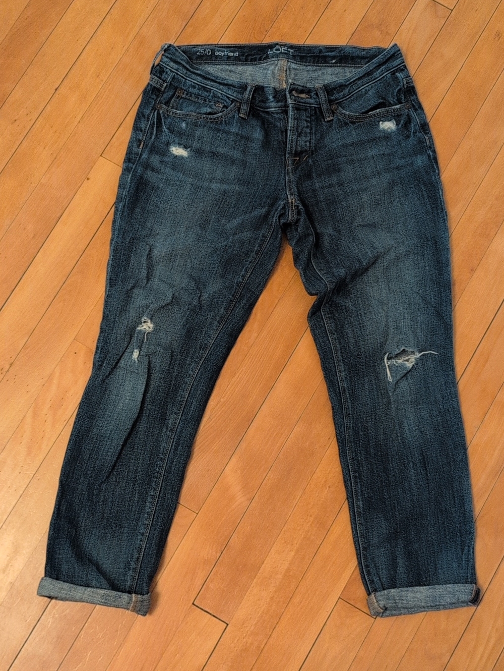 Dark Blue Distressed Boyfriend Jeans - LOFT